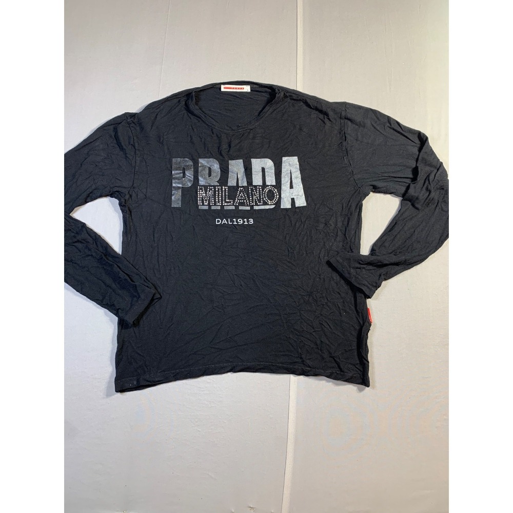 Prada Women's Red Tab Logo Black Long Sleeve Shirt